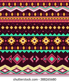 Seamless stylized stripes pattern with aztec ethnic and tribal ornament. Vector bright colors boho fashion illustration.