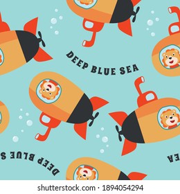 Seamless submarine pattern with cute lion sailor under sea. Cute Marine pattern for fabric, baby clothes, background, textile, wrapping paper and other decoration.
