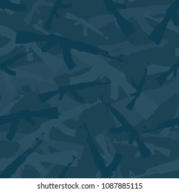 Seamless subtle blue assault rifle AK 47 military camouflage pattern vector