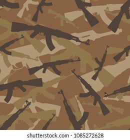 Seamless subtle brown assault rifle AK 47 military camouflage pattern vector