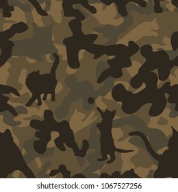 Seamless subtle brown camo with cat silhouettes incorporated pattern vector