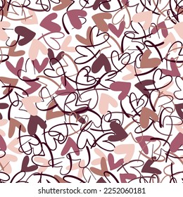 Seamless subtle colors pattern with hand drawn hearts. Vector repeating texture. Repeatable backdrop with drawn outlined and filled hearts.