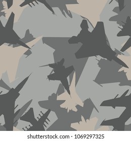 Seamless subtle gray military jet fighters aircraft silhouettes camouflage pattern vector