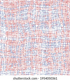 Nahtlose Subtile Textur-Schnittmuster, Rot mit Blau auf weißem Hintergrund, rauer Gitterhintergrund, verwendet für Textilien, Banner, Tapeten.