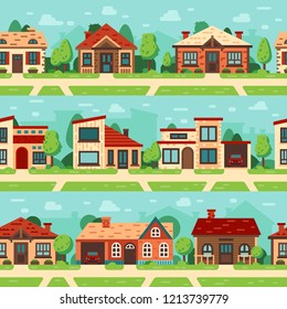 Seamless suburban houses. Panoramic cityscape with house exterior, buildings and europe town road. Urban european street architecture modern exterior panorama scene. Flat vector background set