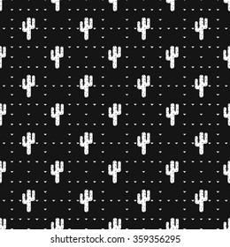 Seamless succulent and cactus plants background pattern in black and white colors. Vector tropical illustration of desert flowers.