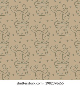 Seamless succulent and cactus plants seamless pattern. Vector tropical illustration of desert flowers in a pot. Hand drawn line doodle nature print.