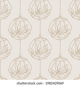 Seamless succulent and cactus plants seamless pattern. Vector tropical illustration of desert flowers in terrarium. Hand drawn line doodle nature print.