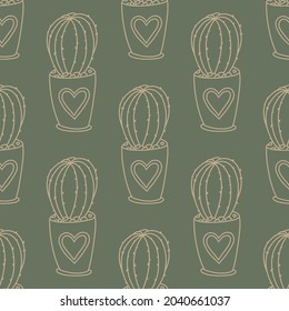 Seamless succulent and cactus plants seamless pattern. Vector tropical illustration of desert flowers in a pot. Hand drawn line doodle nature print.