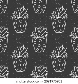 Plantas suculentas y cactus sin foco. Ilustración tropical vectorial de flores desérticas en una olla. Huella de la naturaleza del doodle dibujado a mano. Arte blanco y negro,