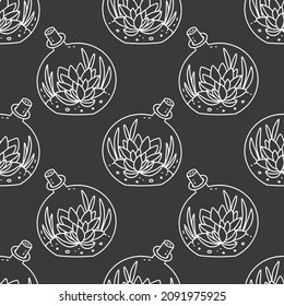 Seamless succulent and cactus plants seamless pattern. Vector tropical illustration of desert flowers in a pot. Hand drawn line doodle nature print. Black and white art,