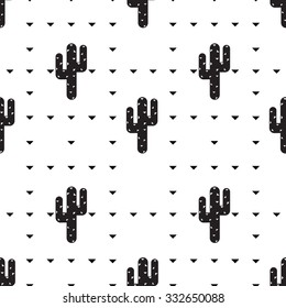 Seamless succulent and cactus plants pattern in black and white colors. Vector tropical illustration of desert flowers.