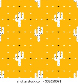 Seamless succulent and cactus plants pattern with yellow, black and white colors. Vector tropical illustration of desert flowers.