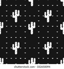 Seamless succulent and cactus plants pattern in black and white colors. Vector tropical illustration of desert flowers.