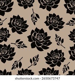 Seamless succulent floral pattern with black silhouettes on taupe background. Ideal for textile, home decor, banner, cover, etc