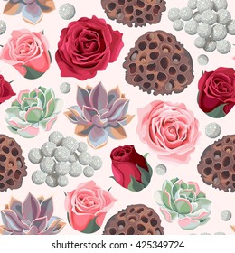 Seamless succulent and roses