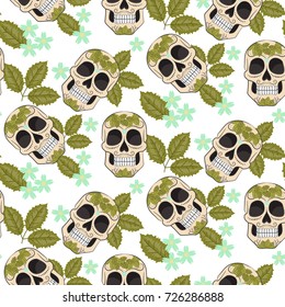 Seamless with sugar skulls. The vector version. Day of the dead. Isolated white background. the pattern of leaves.