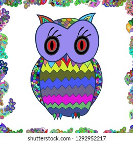 Seamless. Suitable for fabric, paper, packaging. Vector illustration. Cute owls on blue, white and violet colors.