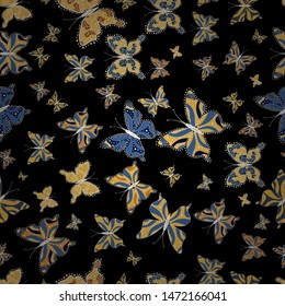 Seamless. Suitable for paper, fabric, packaging. Collection of colorful butterfly on blue, black and yellow background. Simple feminine pattern for card, print, invitation. Vector illustration.