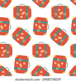 Seamless Suitcase pattern. Red suitcase for travel and business trips tourism, voyage, vacation. Flat vector of traveler's luggage in old style. Print for wallpaper, textile, wrapping, scrapbooking. 