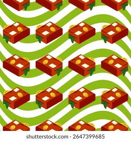 Seamless Suitcase Travel Pattern. Seamless pattern with cartoon suitcases decorated with travel stickers on green striped background. Flat hand-drawn style with warm and bright colors.