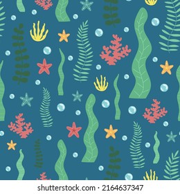 Seamless summer algae pattern on the dark background. Vector sea illustration for baby, holiday, print, card, clothes, birthday. Hand-drawn marine image of underwater plants, corals, starfish, bubbles