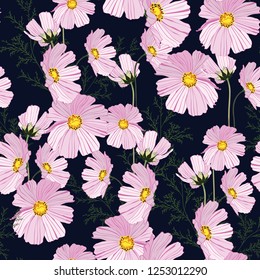 Seamless summer autumn pattern with pink flowers. Pattern for fashion, fabric and all prints on black background.