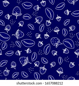 El fondo veraniego es impecable, con bayas de estilo artesanal. Borde blanco sobre fondo azul brillante. Ilustración vectorial para textil, envoltura, papel tapiz.