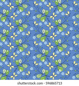 Seamless summer background with butterflies and green peas. Hand drawn
vector illustration