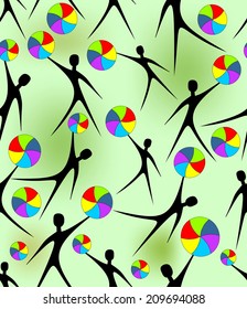 Seamless summer background with figures playing ball on the green area