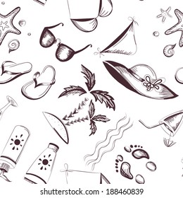 Seamless summer background. Flip-flops, sunglasses, hat, swimming suite, starfish, sunscreen, cocktail, palms, footprint