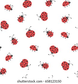 Seamless summer background. Flying and creeping flat red Ladybugs pattern on white background. Bright funny vector wallpaper. Summer ornament for print, wrapping, fabric.