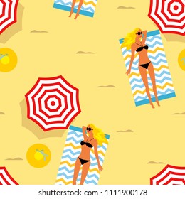Seamless summer background. girl sunbathing on the beach, beach umbrellas, hats, slates. Template for fabric, wrapping paper, backgrounds.