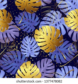 Seamless summer background with gold and blue tropical palm leaves.  