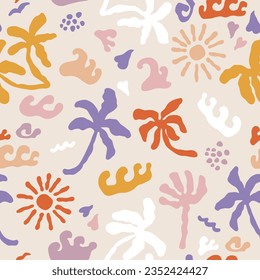 Seamless summer background with hand drawn abstract shapes, palms,sun, waves. Holiday creative pattern. Vector illustration