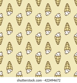 Seamless summer background. Hand drawn pattern. Suitable for fabric, greeting card, advertisement, wrapping. Bright and colorful ice cream cone backdrop