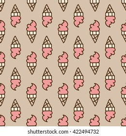 Seamless summer background. Hand drawn pattern. Suitable for fabric, greeting card, advertisement, wrapping. Bright and colorful ice cream cone backdrop