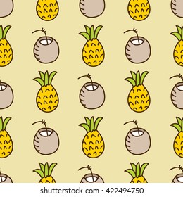 Seamless summer background. Hand drawn pattern. Suitable for fabric, greeting card, advertisement, wrapping. Bright and colorful pineapple and cocktail backdrop