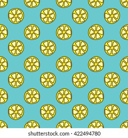 Seamless summer background. Hand drawn pattern. Suitable for fabric, greeting card, advertisement, wrapping. Bright and colorful lemon slices backdrop
