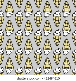 Seamless summer background. Hand drawn pattern. Suitable for fabric, greeting card, advertisement, wrapping. Bright and colorful ice cream cone backdrop