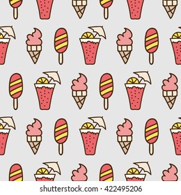 Seamless summer background. Hand drawn pattern. Suitable for fabric, greeting card, advertisement, wrapping. Bright and colorful cocktail and ice cream backdrop