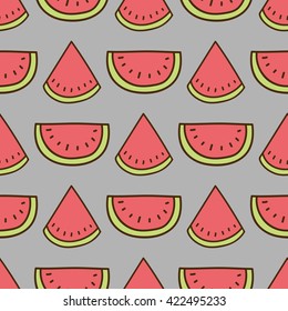 Seamless summer background. Hand drawn pattern. Suitable for fabric, greeting card, advertisement, wrapping. Bright and colorful watermelon backdrop