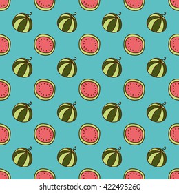 Seamless summer background. Hand drawn pattern. Suitable for fabric, greeting card, advertisement, wrapping. Bright and colorful watermelon backdrop