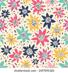 Seamless summer background with ink painted flowers.