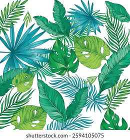 Seamless summer background pattern featuring palm leaves and green jungle foliage. Ideal for printing, paper, fabric, textiles, wallpaper, and wrapping cloth designs.