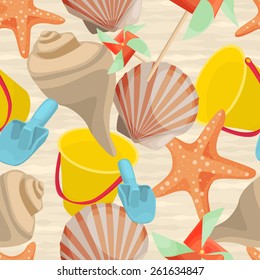 Seamless Summer background with seashells, starfish, baby bucket and whirligig in flat design