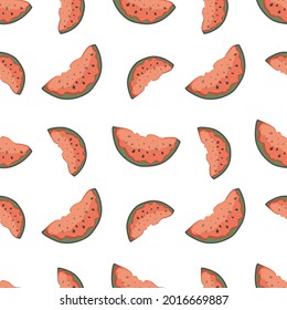 Seamless summer background with slices of red watermelon on a white background. Prints on trendy fabrics, modern textiles, posters, throw pillows, interior design. Vector.