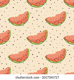 Seamless summer background with slices of red watermelon on a pastel pink background. Prints on trendy fabrics, modern textiles, posters, throw pillows, interior design. Vector.