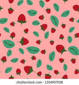 Seamless summer background with strawberries in cartoon style. Red strawberries and green leaves. Vector illustration for textile, packaging, wallpaper.
