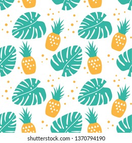 Seamless summer background. Background with tropical leaves, dots and pineapple. Tropical pattern. Juicy pineapple. Polka dot pattern. Background with fruits.